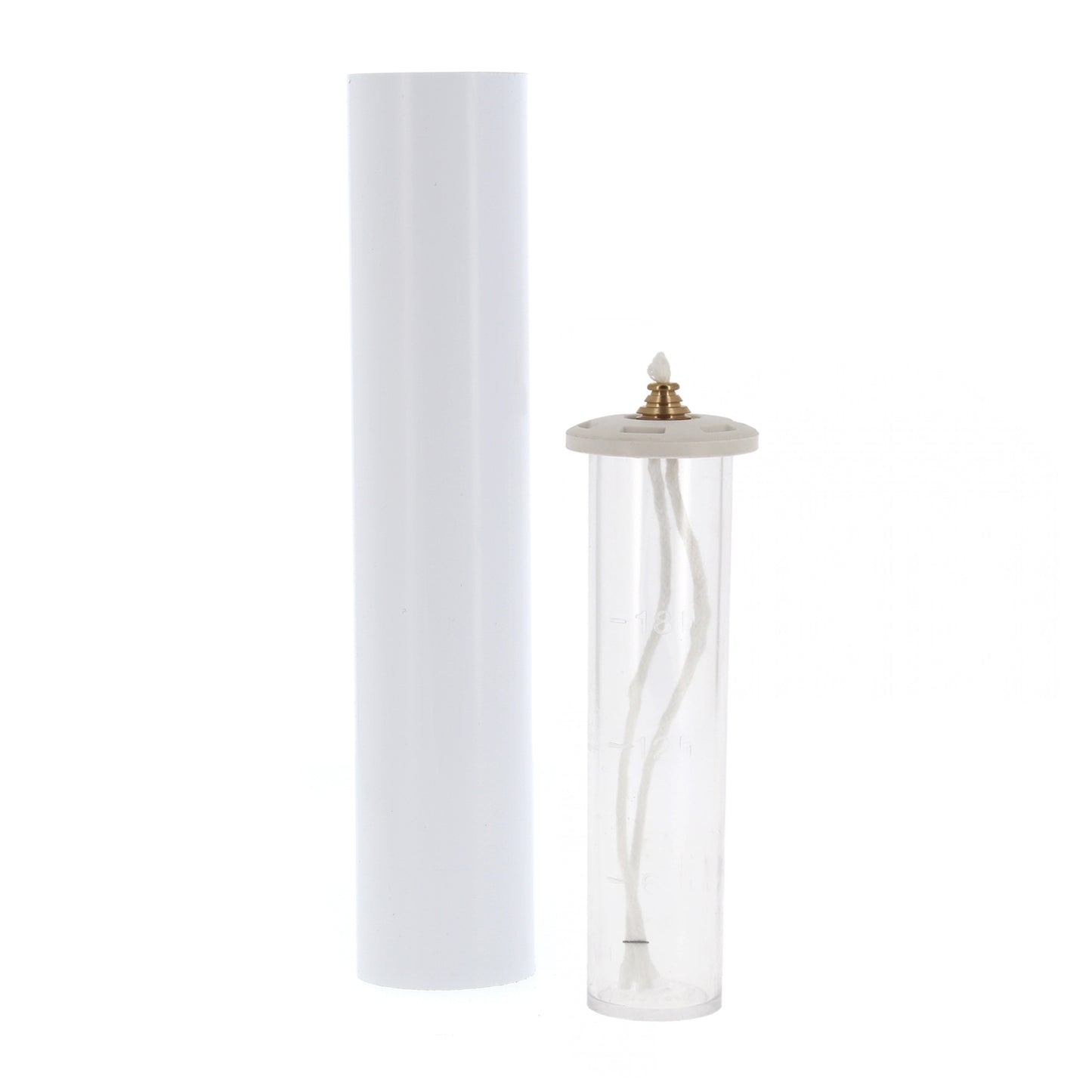 Coppia di candelieri completi di candele a cera liquida e cartucce. Dimensioni candele 5x25 cm