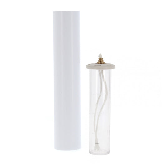 Coppia di candelieri completi di candele a cera liquida e cartucce. Dimensioni candele 5x25 cm