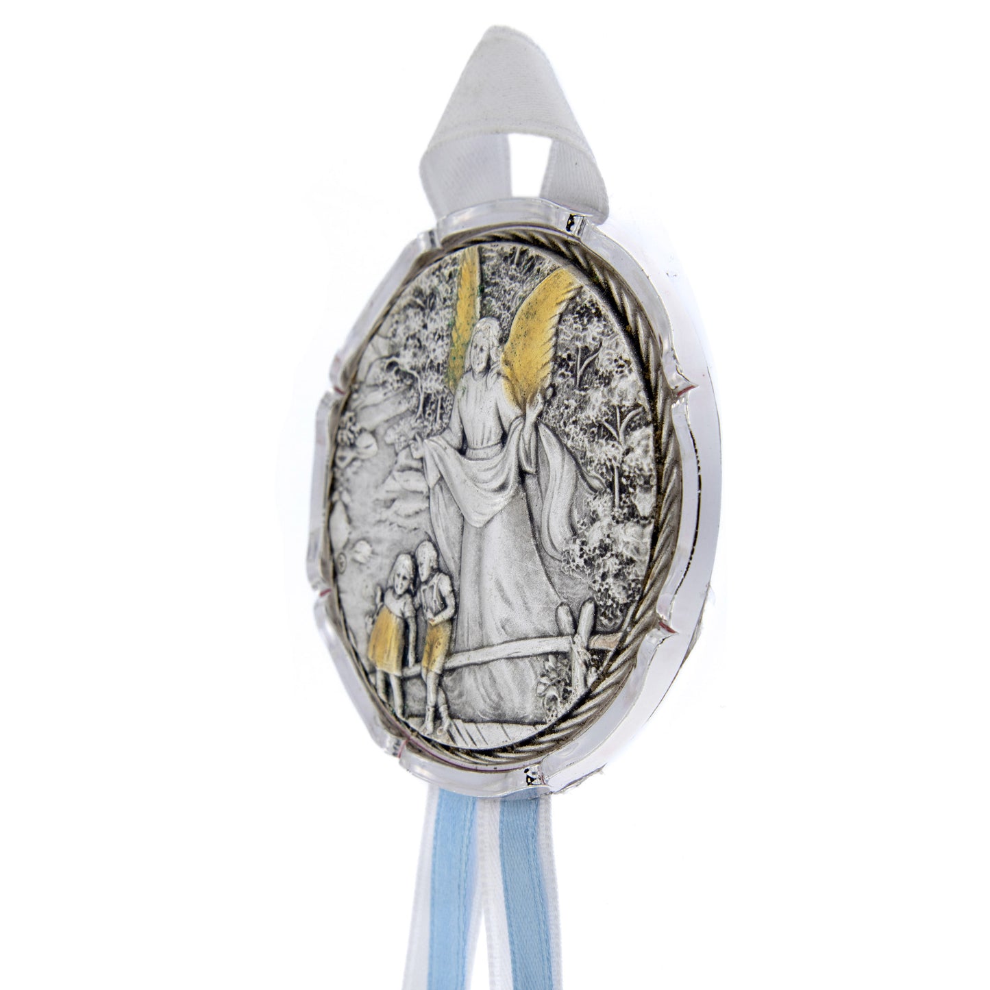Capoculla Angelo Custode con dettagli oro con nastrino abbinato. Diam. 6,7 cm