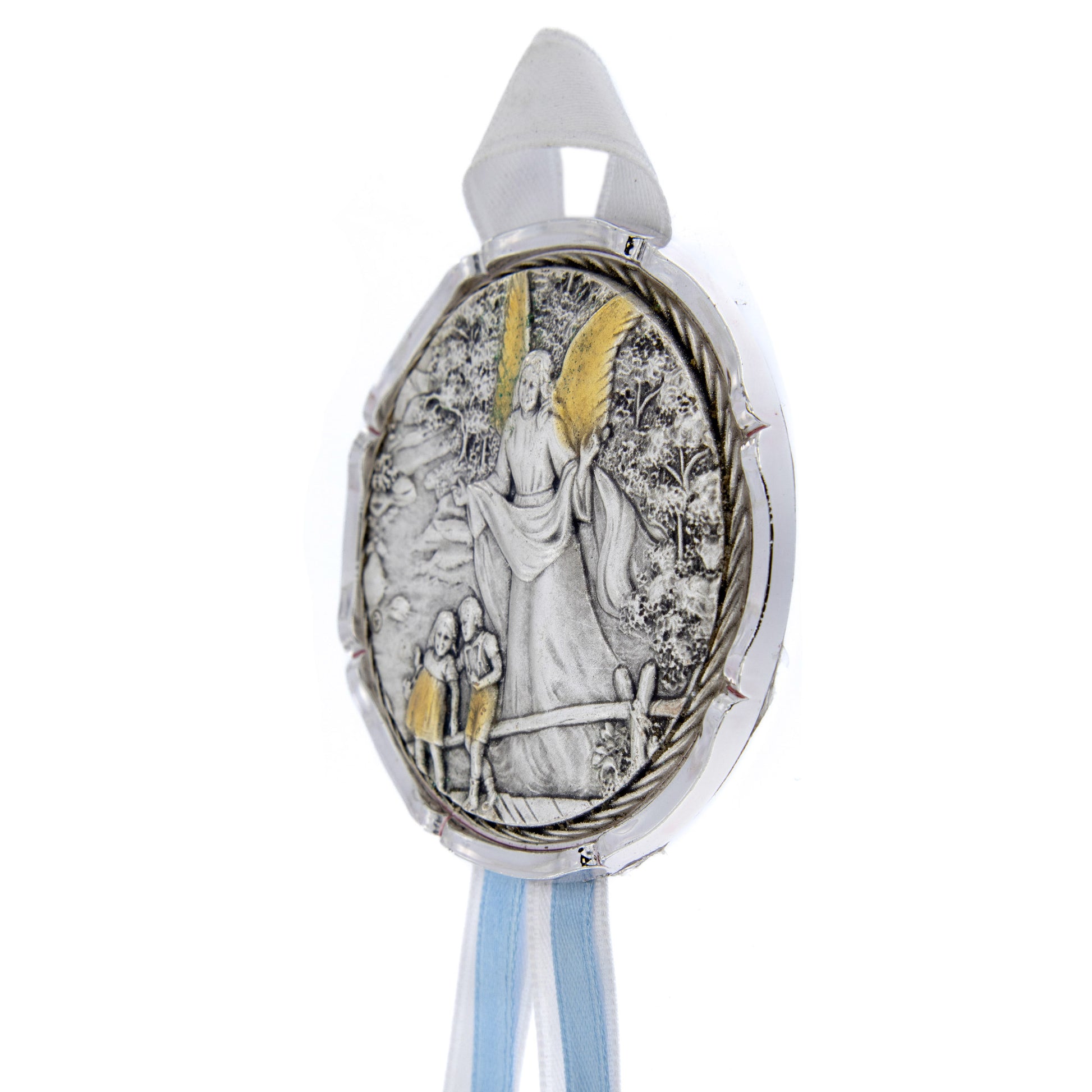 Capoculla Angelo Custode con dettagli oro con nastrino abbinato. Diam. 6,7 cm