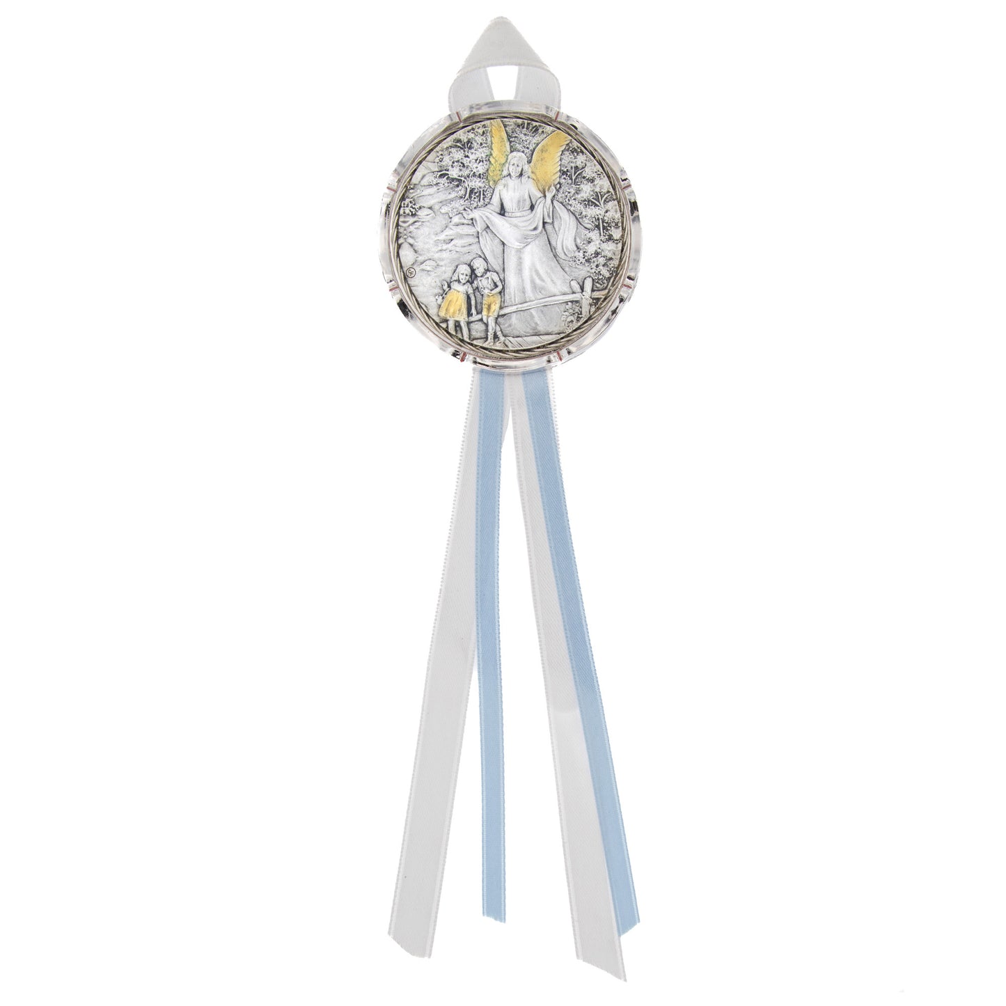 Capoculla Angelo Custode con dettagli oro con nastrino abbinato. Diam. 6,7 cm