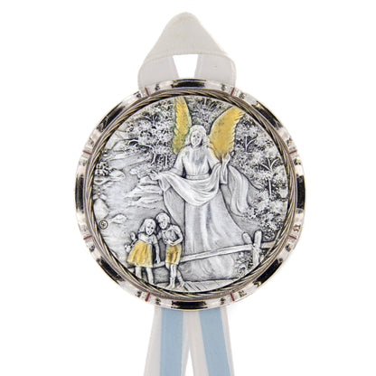 Capoculla Angelo Custode con dettagli oro con nastrino abbinato. Diam. 6,7 cm