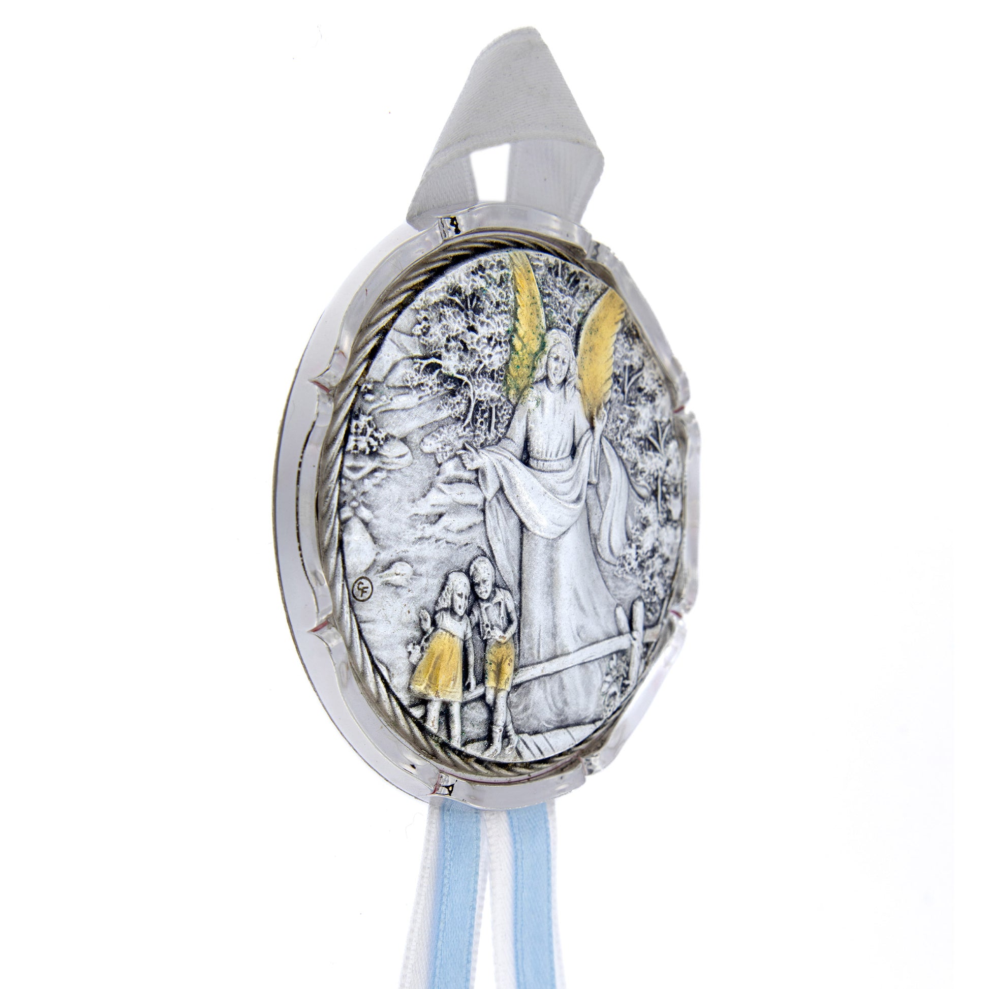 Capoculla Angelo Custode con dettagli oro con nastrino abbinato. Diam. 6,7 cm