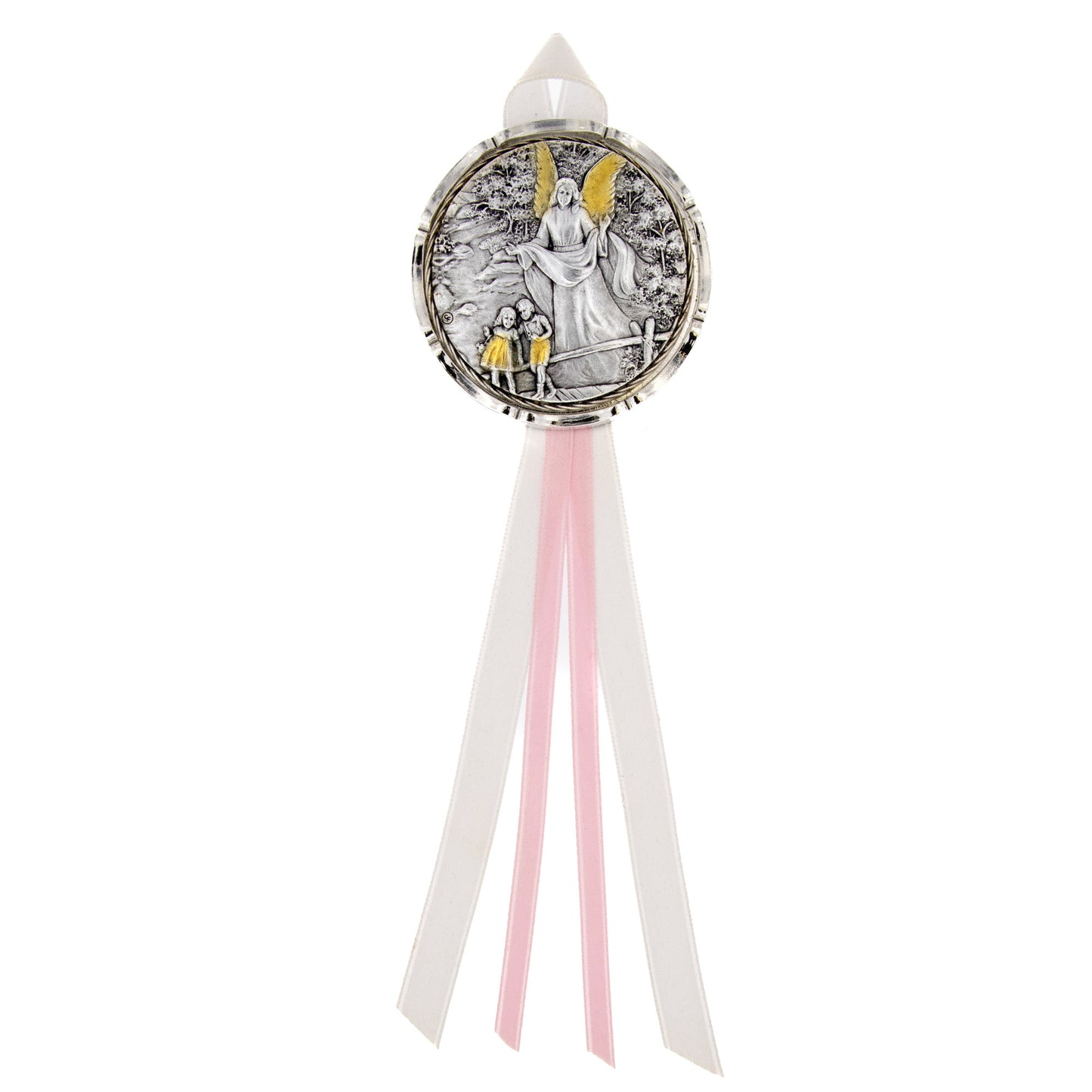 Capoculla Angelo Custode con dettagli oro con nastrino abbinato. Diam. 6,7 cm