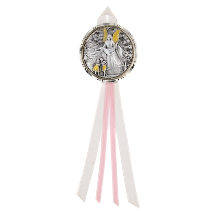 Capoculla Angelo Custode con dettagli oro con nastrino abbinato. Diam. 6,7 cm