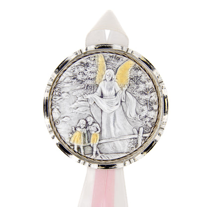 Capoculla Angelo Custode con dettagli oro con nastrino abbinato. Diam. 6,7 cm