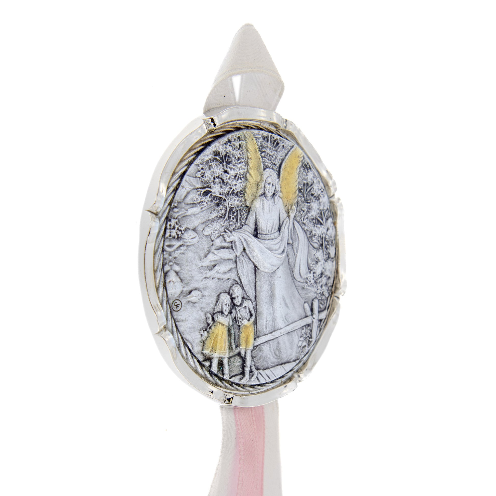Capoculla Angelo Custode con dettagli oro con nastrino abbinato. Diam. 6,7 cm