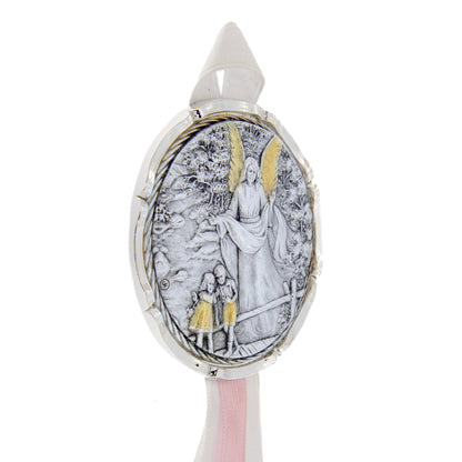 Capoculla Angelo Custode con dettagli oro con nastrino abbinato. Diam. 6,7 cm