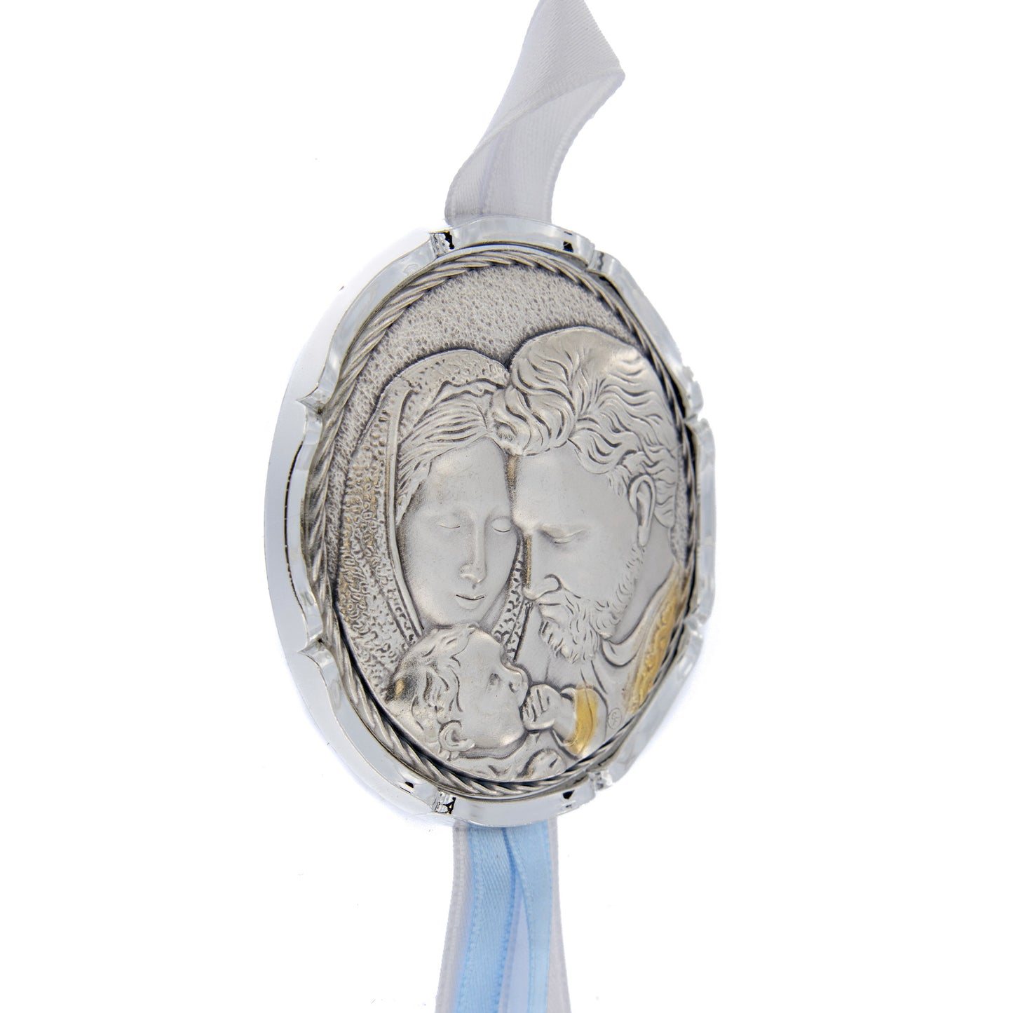 Capoculla Sacra Famiglia con dettagli oro con nastrino abbinato. Diam. 6,7 cm