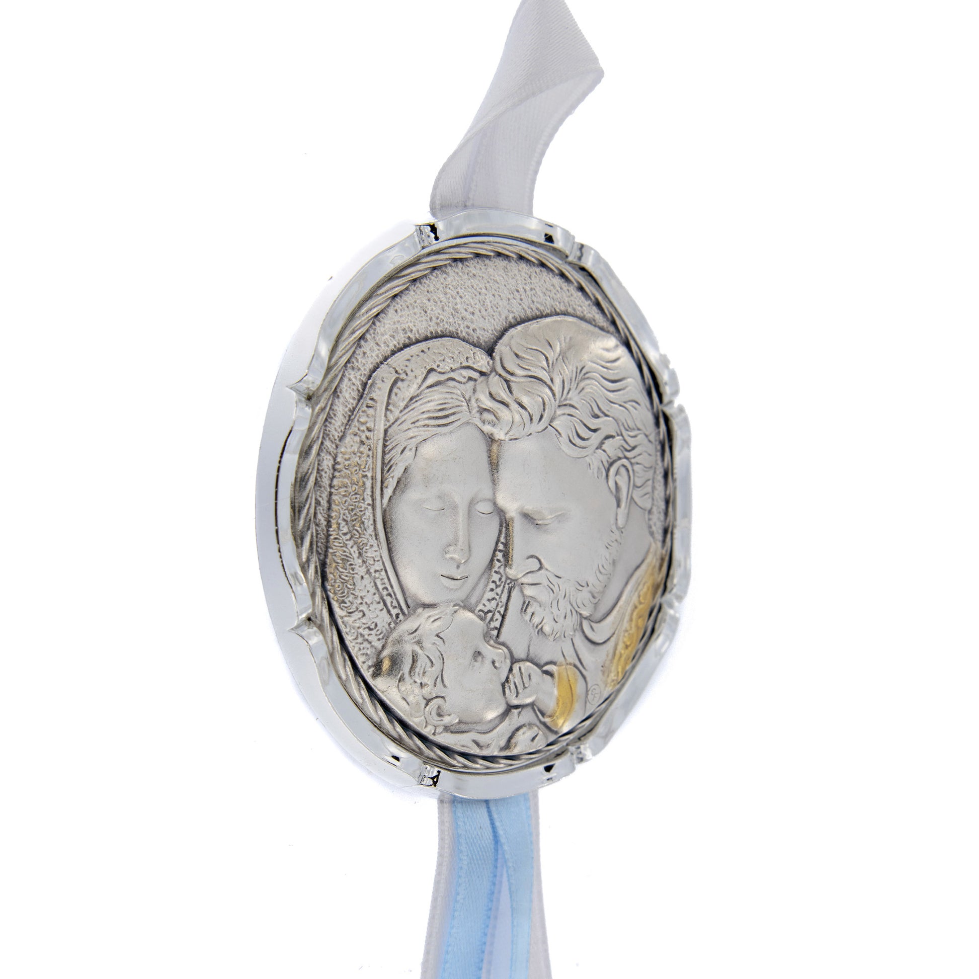 Capoculla Sacra Famiglia con dettagli oro con nastrino abbinato. Diam. 6,7 cm