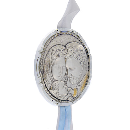 Capoculla Sacra Famiglia con dettagli oro con nastrino abbinato. Diam. 6,7 cm
