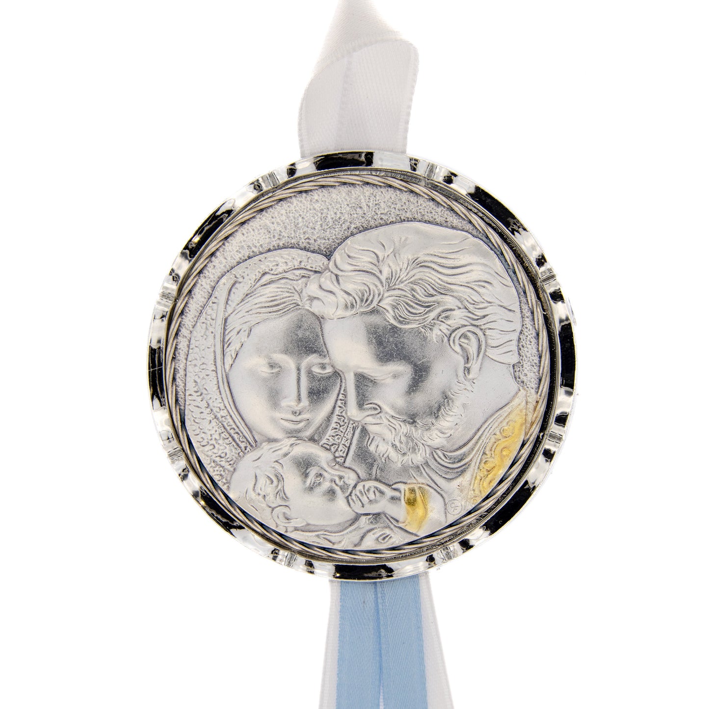 Capoculla Sacra Famiglia con dettagli oro con nastrino abbinato. Diam. 6,7 cm