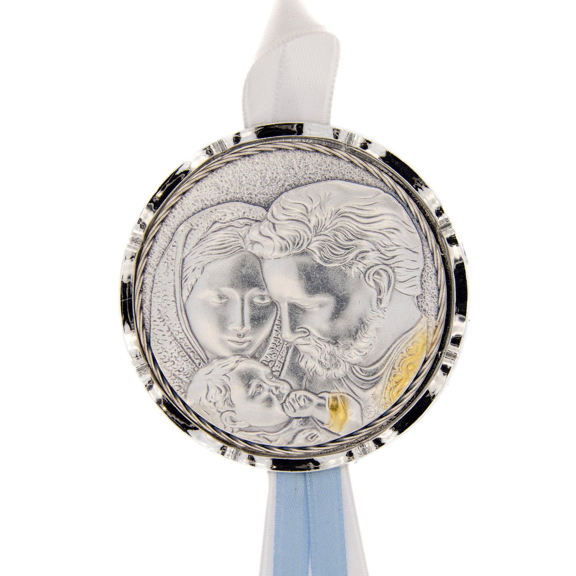 Capoculla Sacra Famiglia con dettagli oro con nastrino abbinato. Diam. 6,7 cm