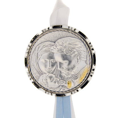 Capoculla Sacra Famiglia con dettagli oro con nastrino abbinato. Diam. 6,7 cm