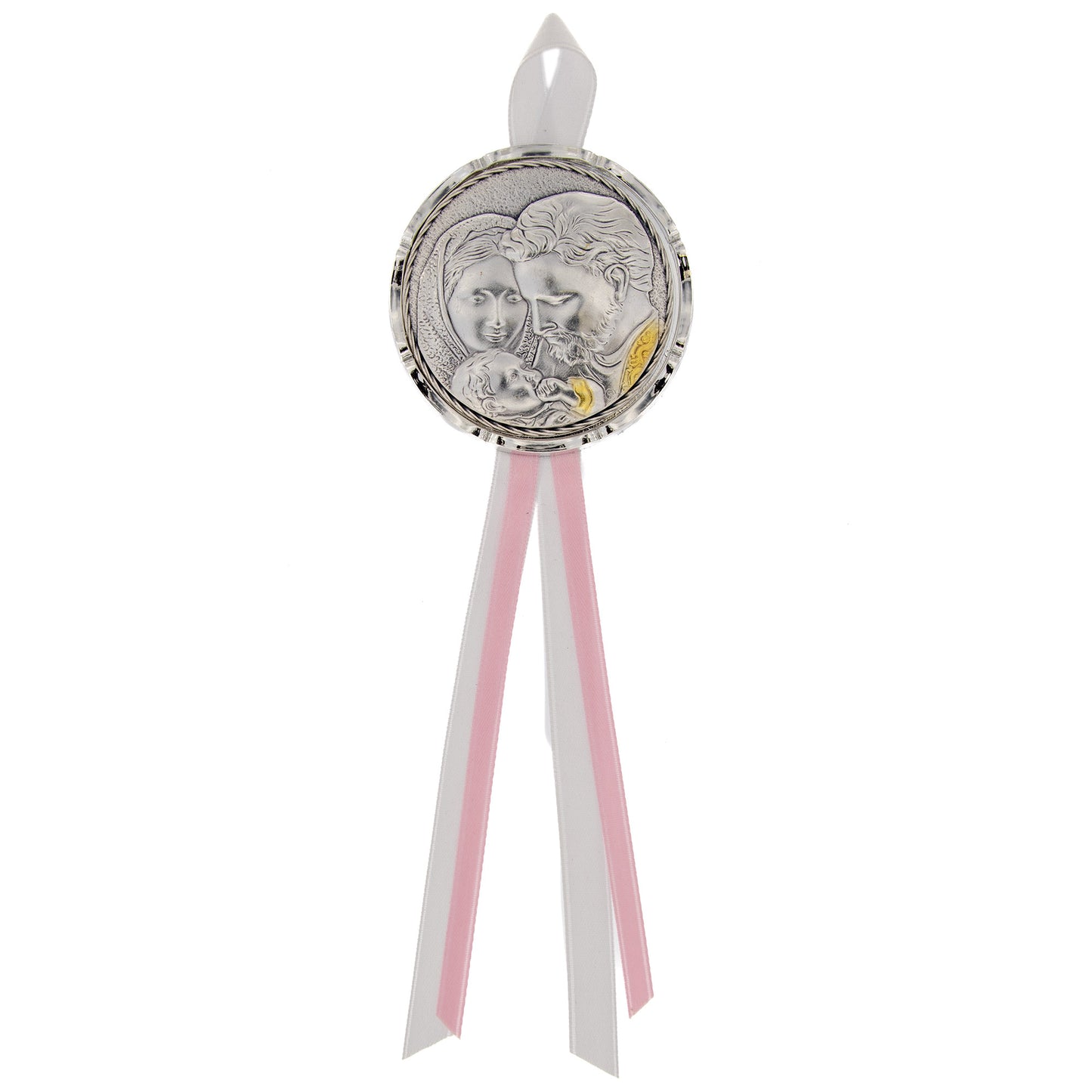 Capoculla Sacra Famiglia con dettagli oro con nastrino abbinato. Diam. 6,7 cm