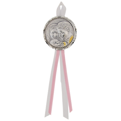 Capoculla Sacra Famiglia con dettagli oro con nastrino abbinato. Diam. 6,7 cm
