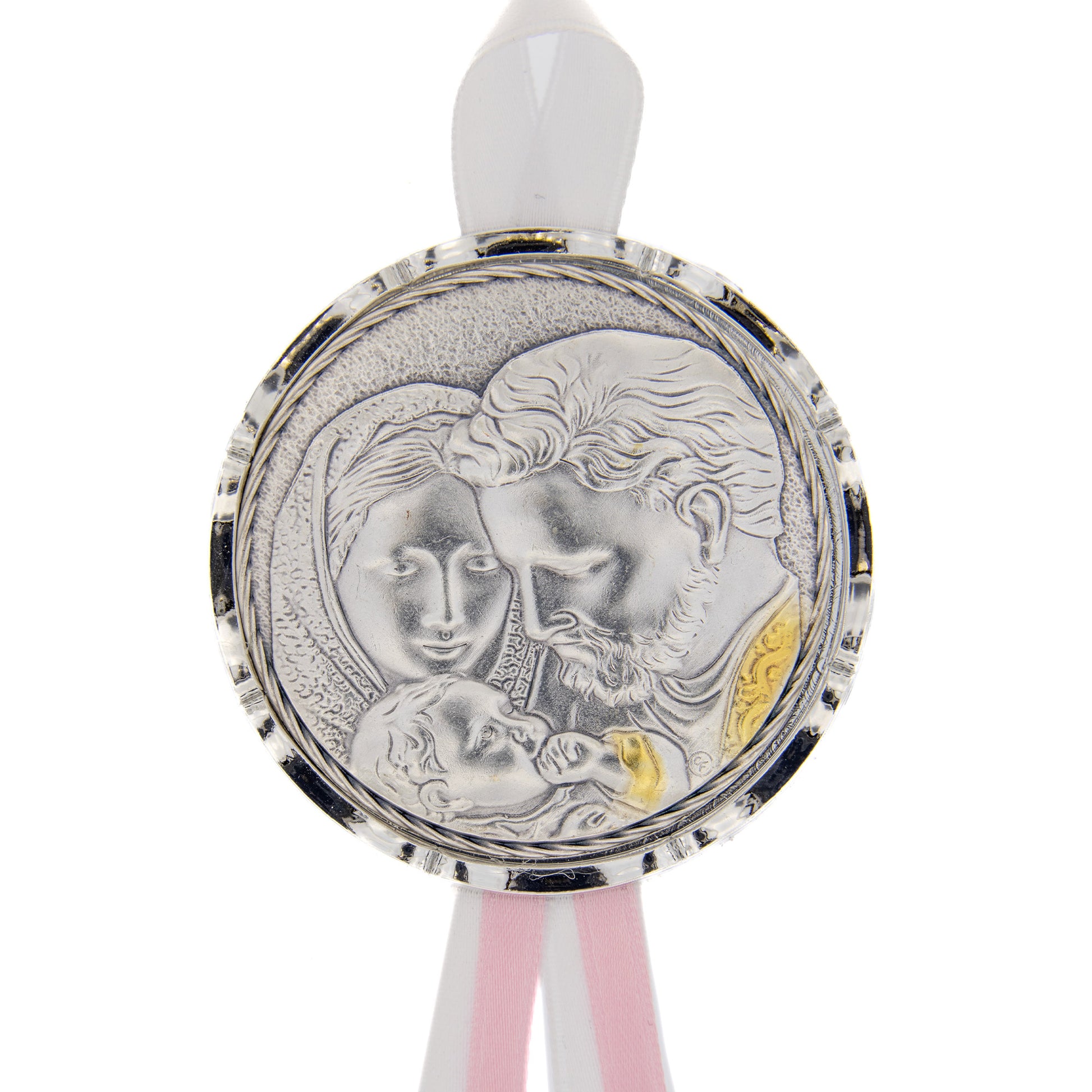 Capoculla Sacra Famiglia con dettagli oro con nastrino abbinato. Diam. 6,7 cm