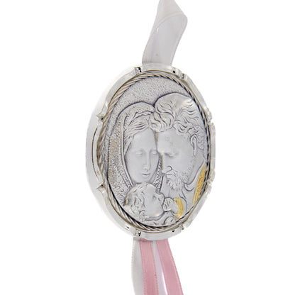 Capoculla Sacra Famiglia con dettagli oro con nastrino abbinato. Diam. 6,7 cm