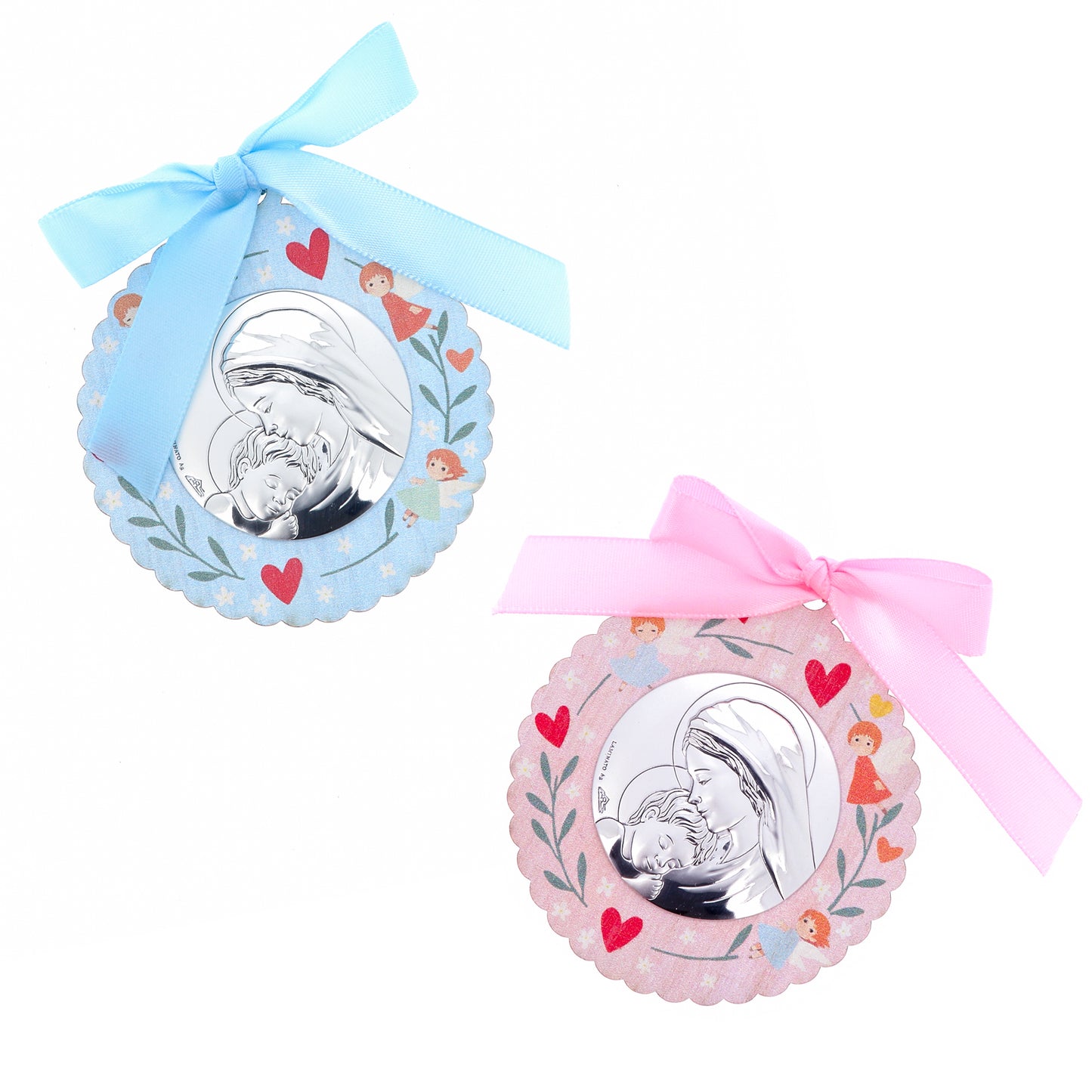 Capoculla in legno con placca Madonna con Bambino in bilaminato d'argento. Diametro 8 cm