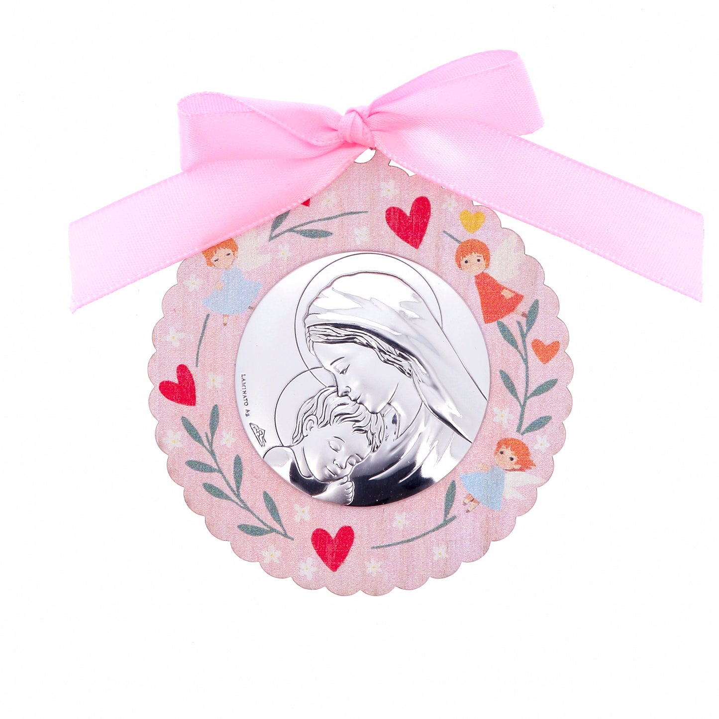 Capoculla in legno con placca Madonna con Bambino in bilaminato d'argento. Diametro 8 cm