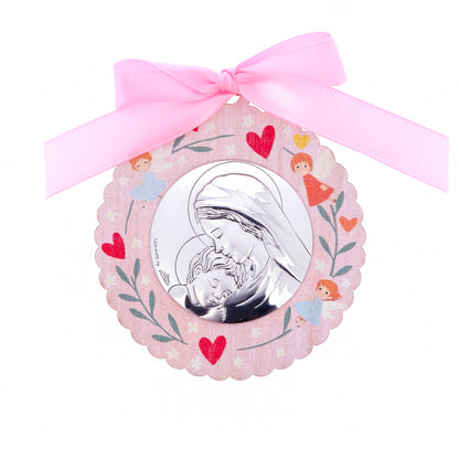 Capoculla in legno con placca Madonna con Bambino in bilaminato d'argento. Diametro 8 cm
