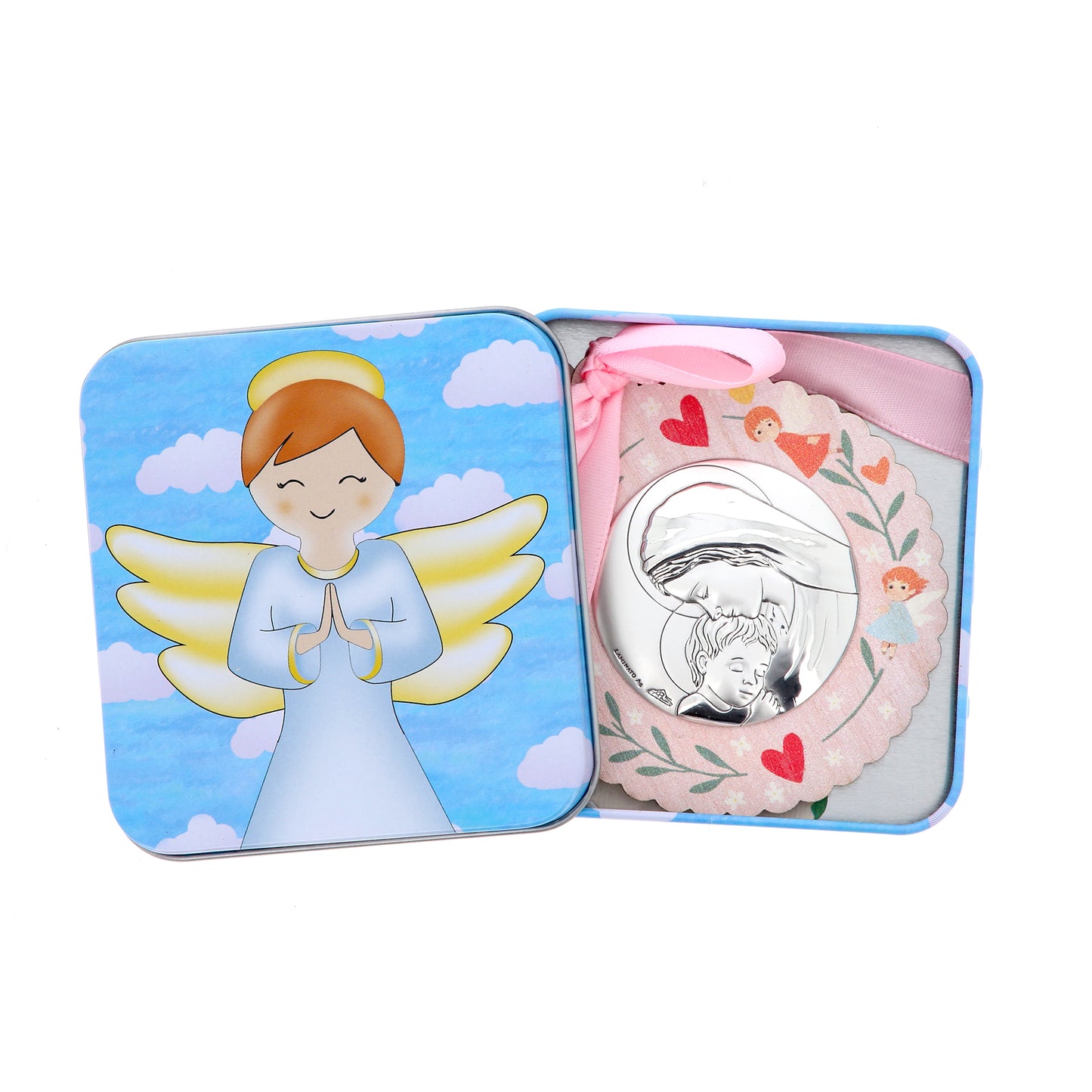 Capoculla in legno con placca Madonna con Bambino in bilaminato d'argento. Diametro 8 cm