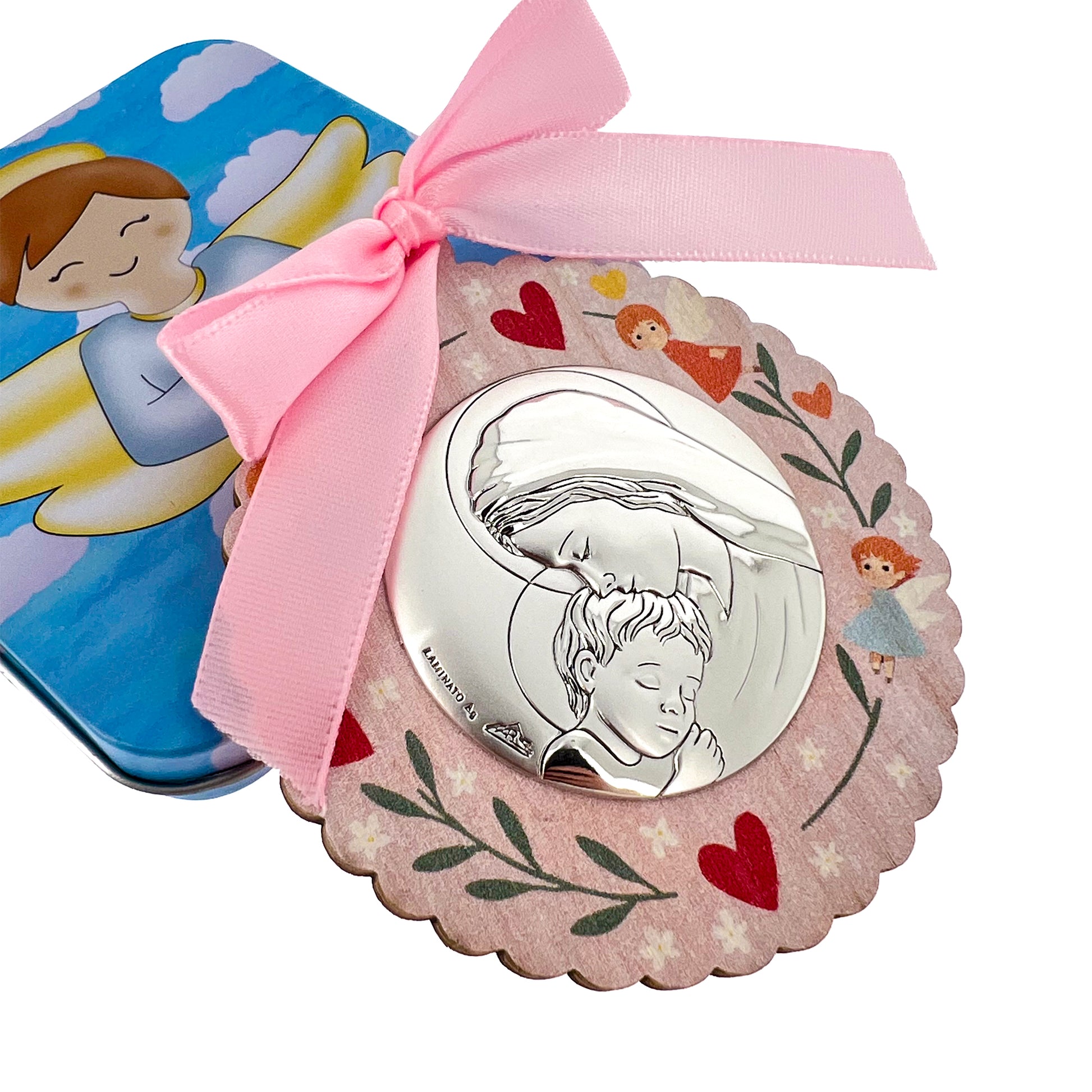 Capoculla in legno con placca Madonna con Bambino in bilaminato d'argento. Diametro 8 cm