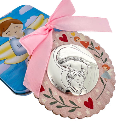 Capoculla in legno con placca Madonna con Bambino in bilaminato d'argento. Diametro 8 cm