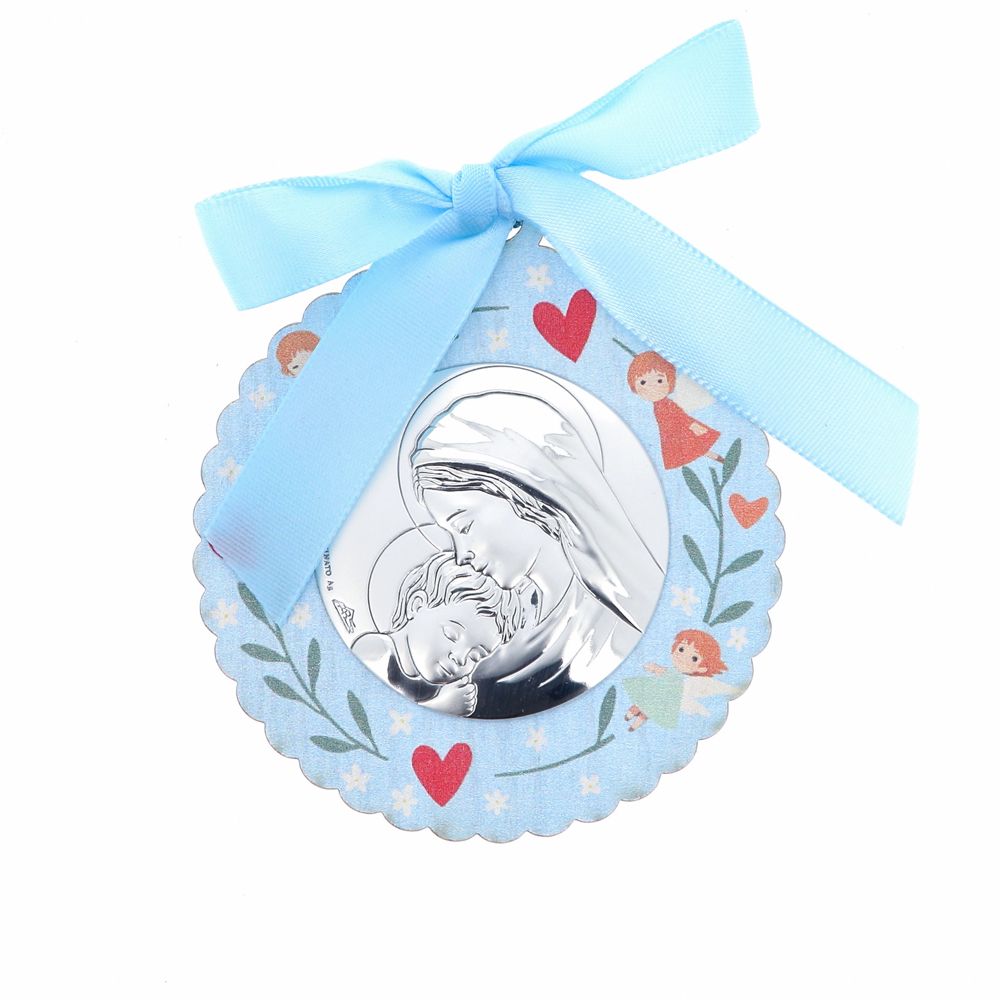 Capoculla in legno con placca Madonna con Bambino in bilaminato d'argento. Diametro 8 cm