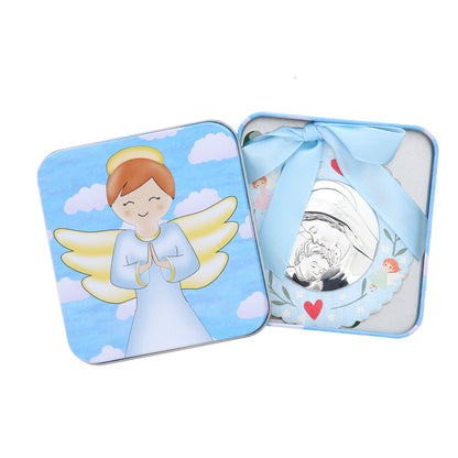 Capoculla in legno con placca Madonna con Bambino in bilaminato d'argento. Diametro 8 cm