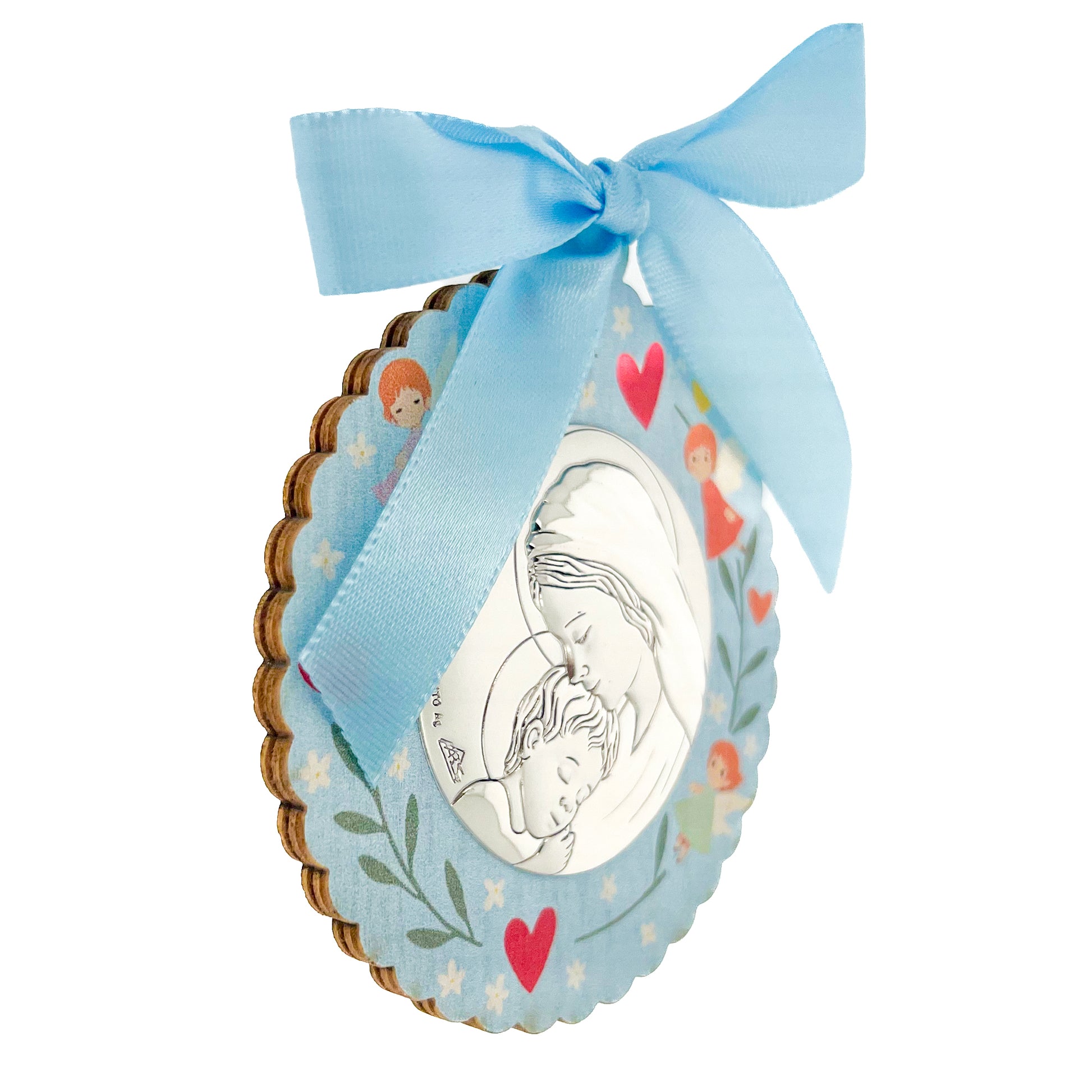 Capoculla in legno con placca Madonna con Bambino in bilaminato d'argento. Diametro 8 cm