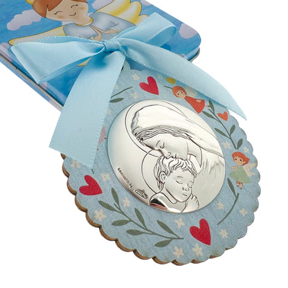 Capoculla in legno con placca Madonna con Bambino in bilaminato d'argento. Diametro 8 cm