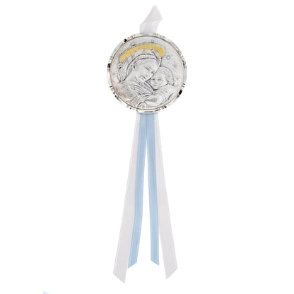 Capoculla Madonna con Bambino con dettagli oro e nastrino abbinato. Diam. 6,7 cm