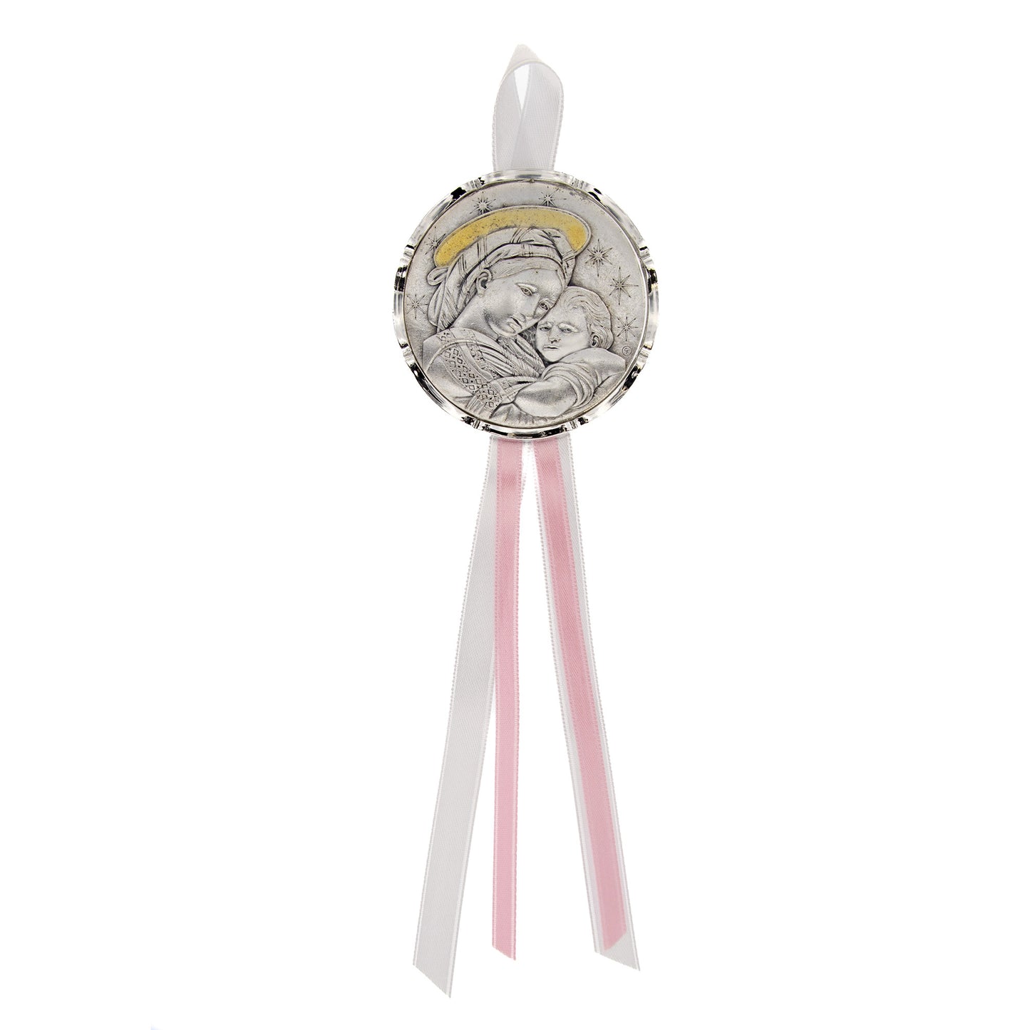 Capoculla Madonna con Bambino con dettagli oro e nastrino abbinato. Diam. 6,7 cm
