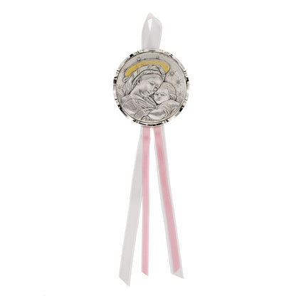 Capoculla Madonna con Bambino con dettagli oro e nastrino abbinato. Diam. 6,7 cm