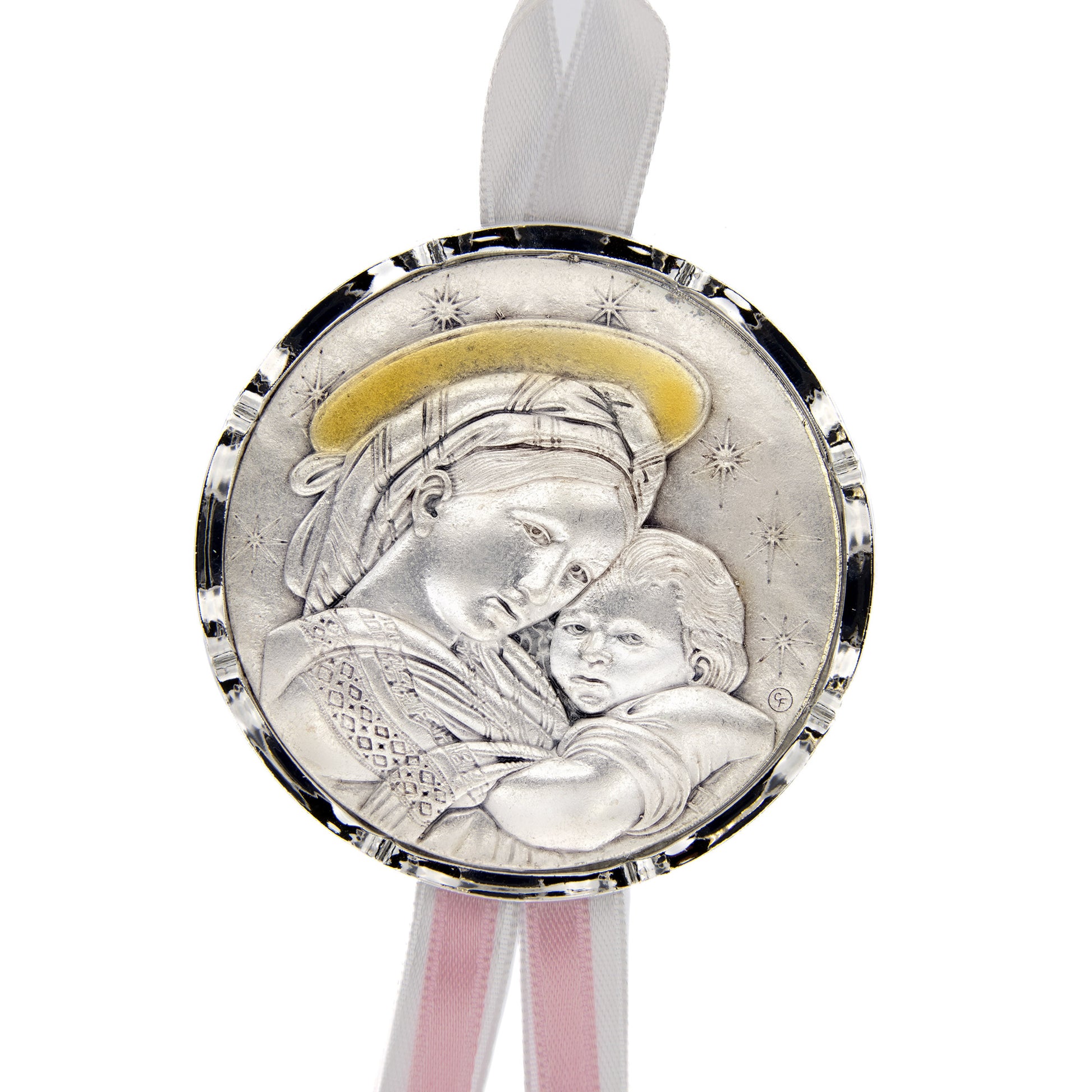 Capoculla Madonna con Bambino con dettagli oro e nastrino abbinato. Diam. 6,7 cm