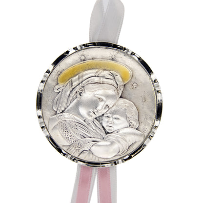 Capoculla Madonna con Bambino con dettagli oro e nastrino abbinato. Diam. 6,7 cm