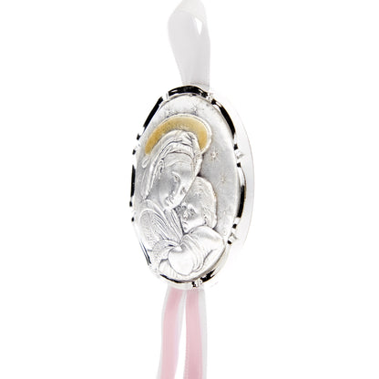 Capoculla Madonna con Bambino con dettagli oro e nastrino abbinato. Diam. 6,7 cm