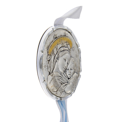 Capoculla Madonna con Bambino con dettagli oro e nastrino abbinato. Diam. 6,7 cm