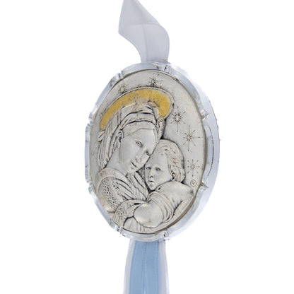 Capoculla Madonna con Bambino con dettagli oro e nastrino abbinato. Diam. 6,7 cm