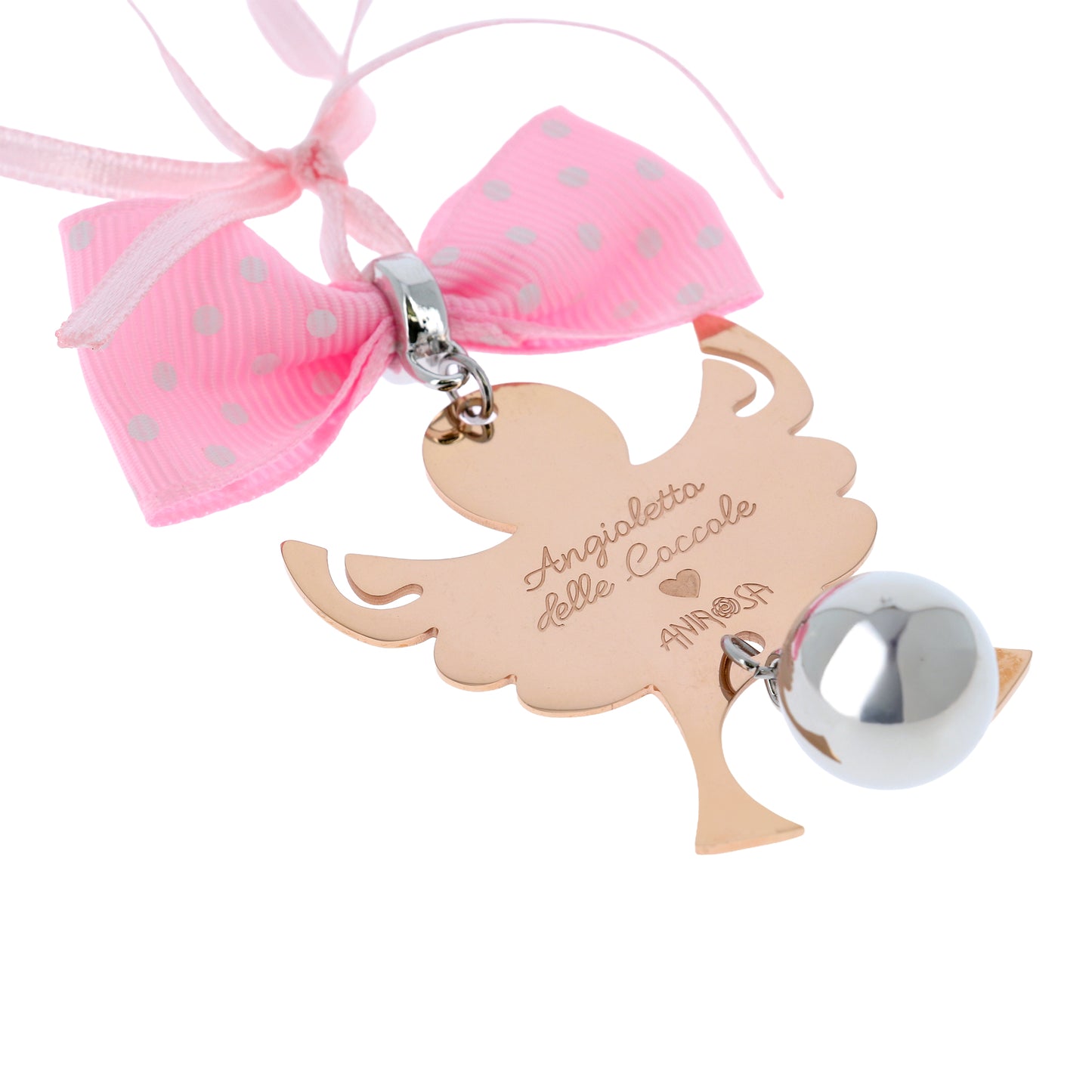 Sopraculla Angelo rosè con fiocco rosa e sfera Chiama Angeli in ottone argentato