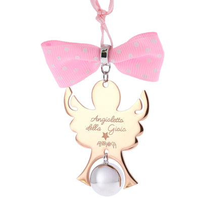 Sopraculla Angelo rosè con fiocco rosa e sfera Chiama Angeli in ottone argentato