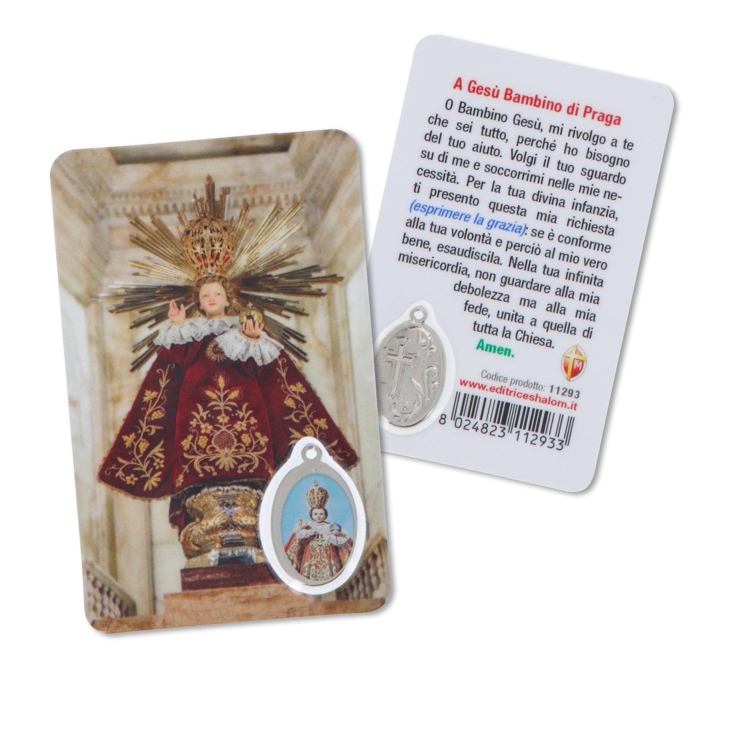 Card plastificata Gesù Bambino di Praga. Dimensioni 5,5x8,5 cm