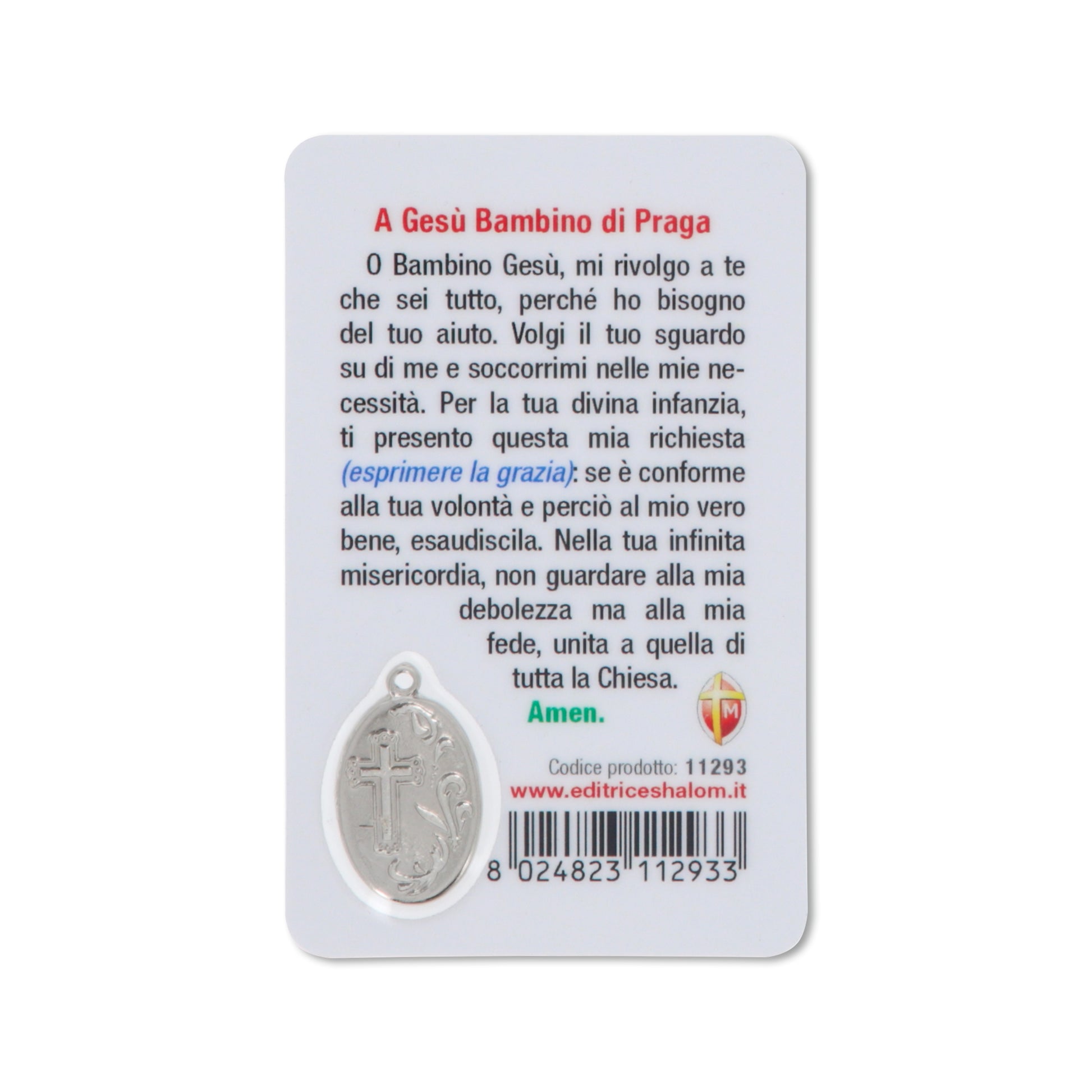 Card plastificata Gesù Bambino di Praga. Dimensioni 5,5x8,5 cm
