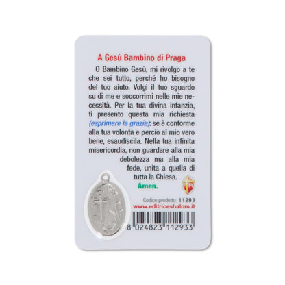 Card plastificata Gesù Bambino di Praga. Dimensioni 5,5x8,5 cm