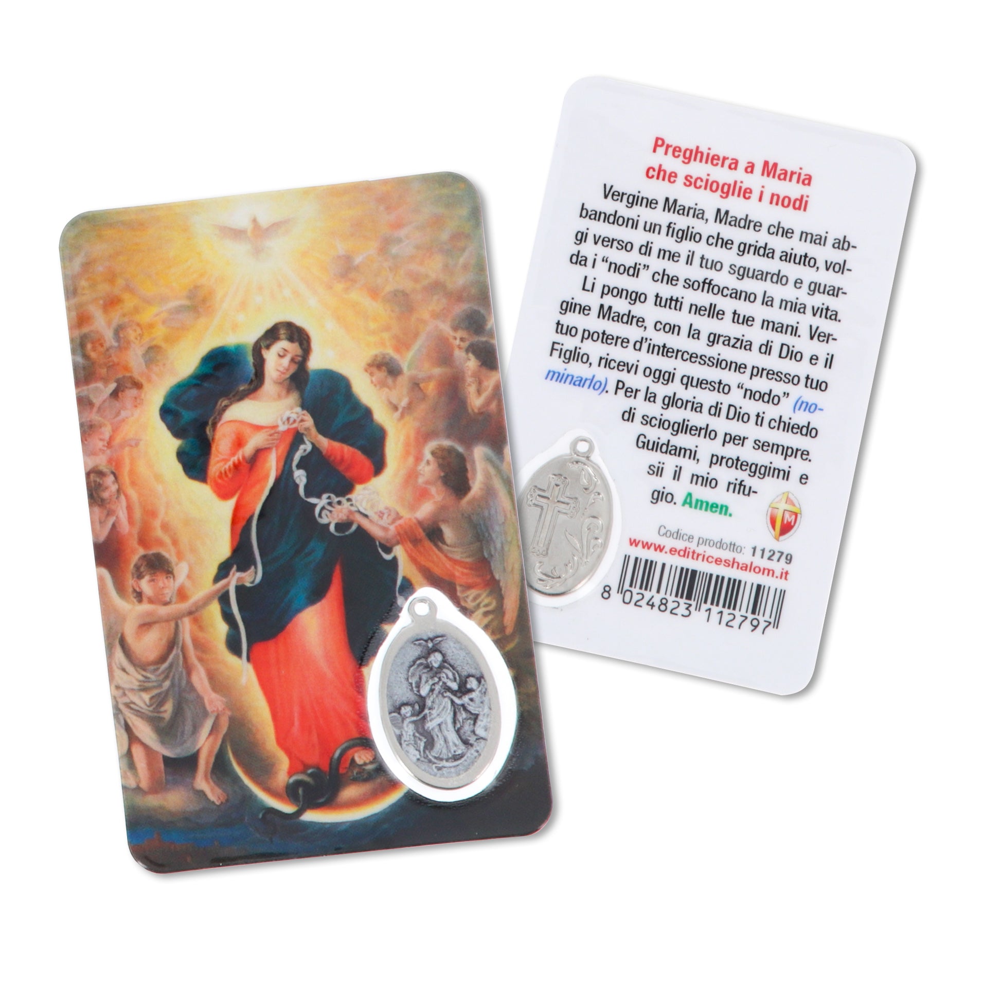 Card plastificata Maria che scioglie i nodi, da collezione. Dimensioni 5,5x8,5 cm