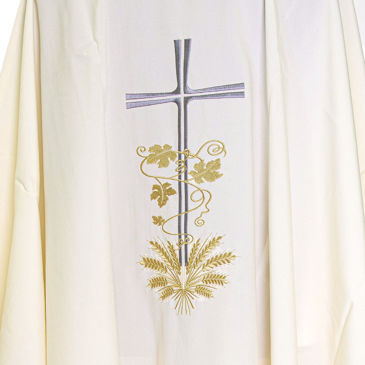 Casula liturgica con ricamo croce argento e spighe dorate