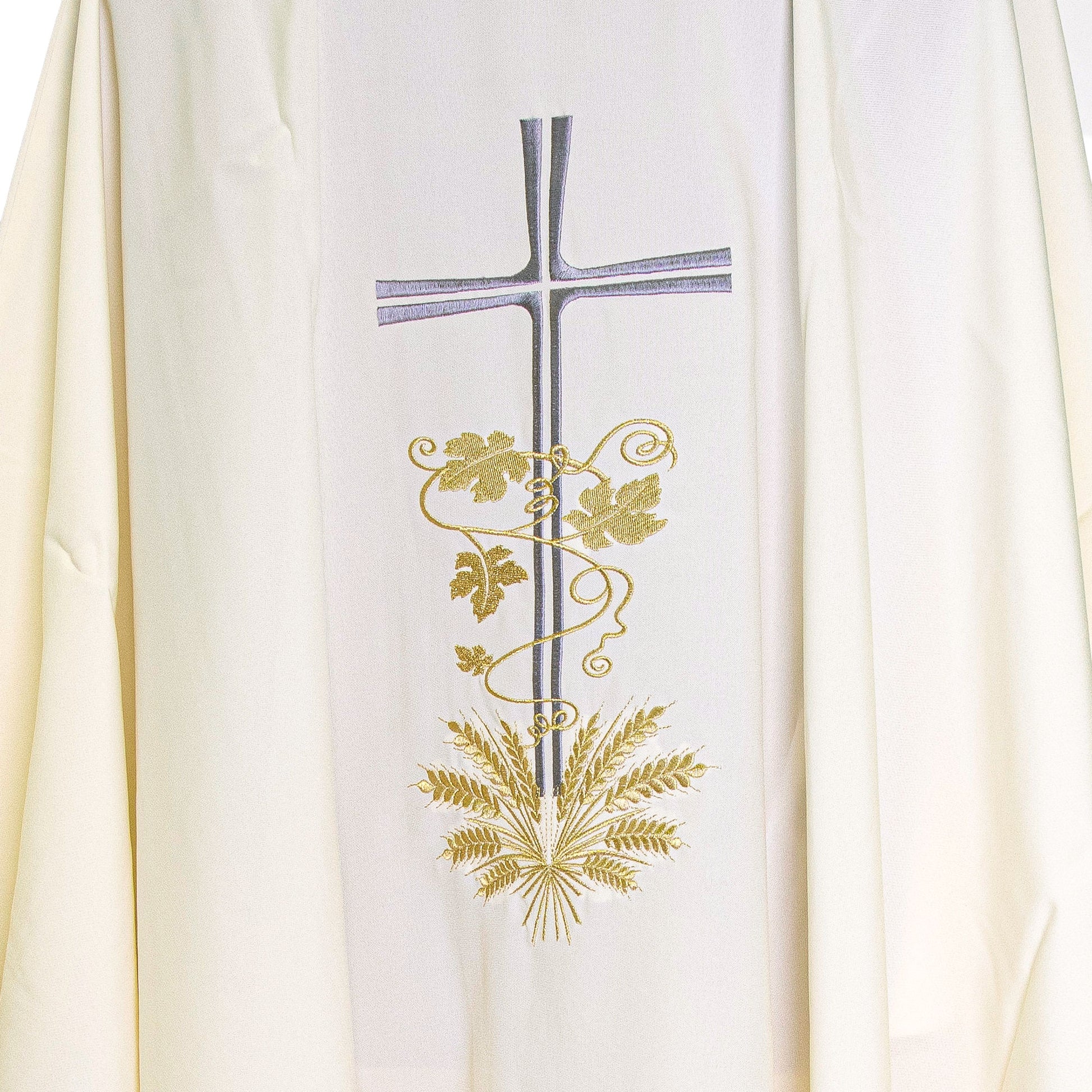 Casula liturgica con ricamo croce argento e spighe dorate