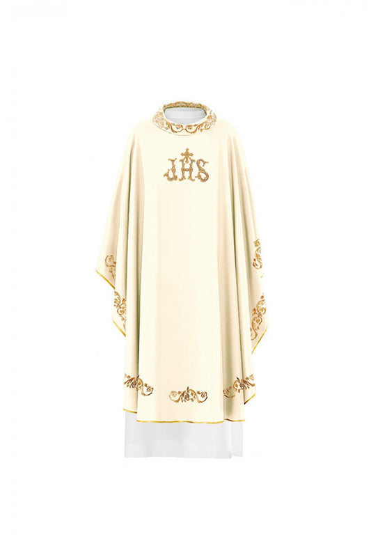 Casula ricamata con Simbolo Jhs e decorazioni oro. Misto poliestere