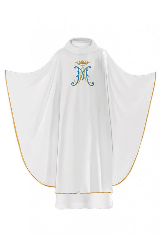 Casula mariana con ricamo M di Maria, azzurro e oro. Poliestere